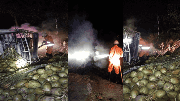 चोर्ला घाटात शहाळ्याचा ट्रक उलटून आग : ५ लाखांच्या नुकसानीचा अंदाज