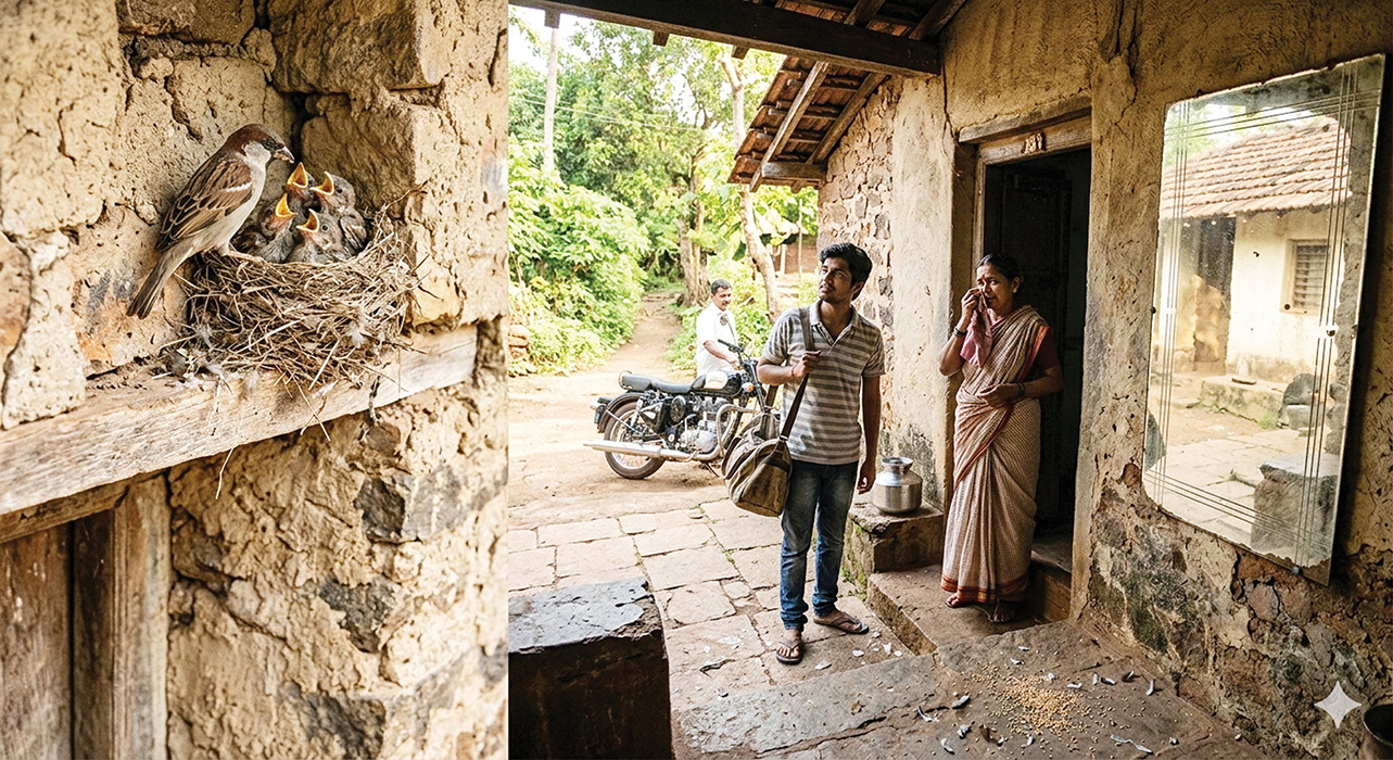 चिमणी आणि तिची पिल्लं...!