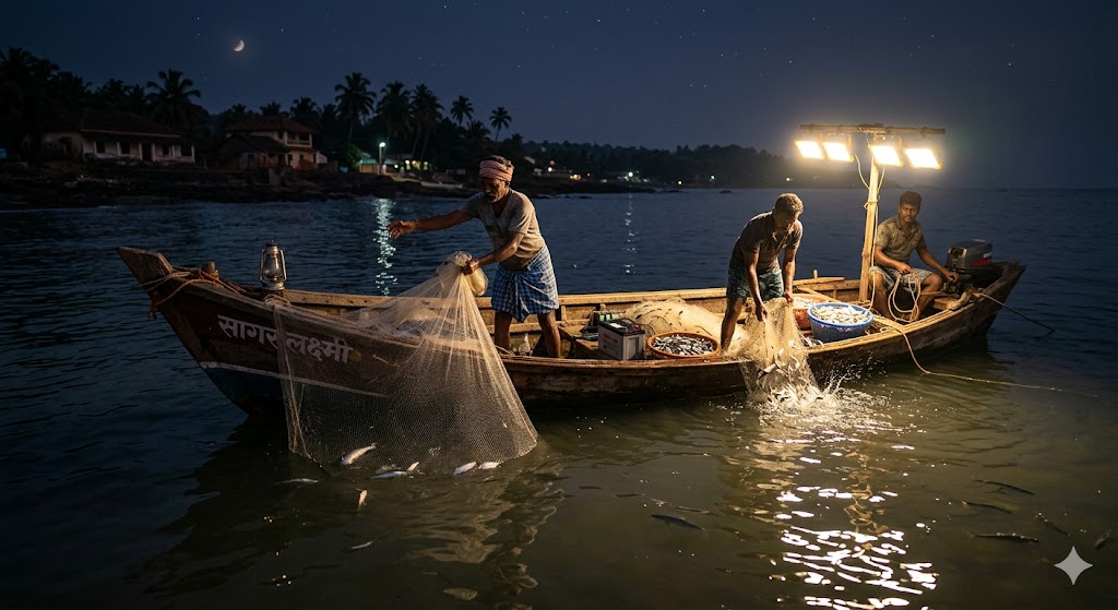 काणकोण किनारपट्टीवर एलईडी दिवे वापरून मासेमारी