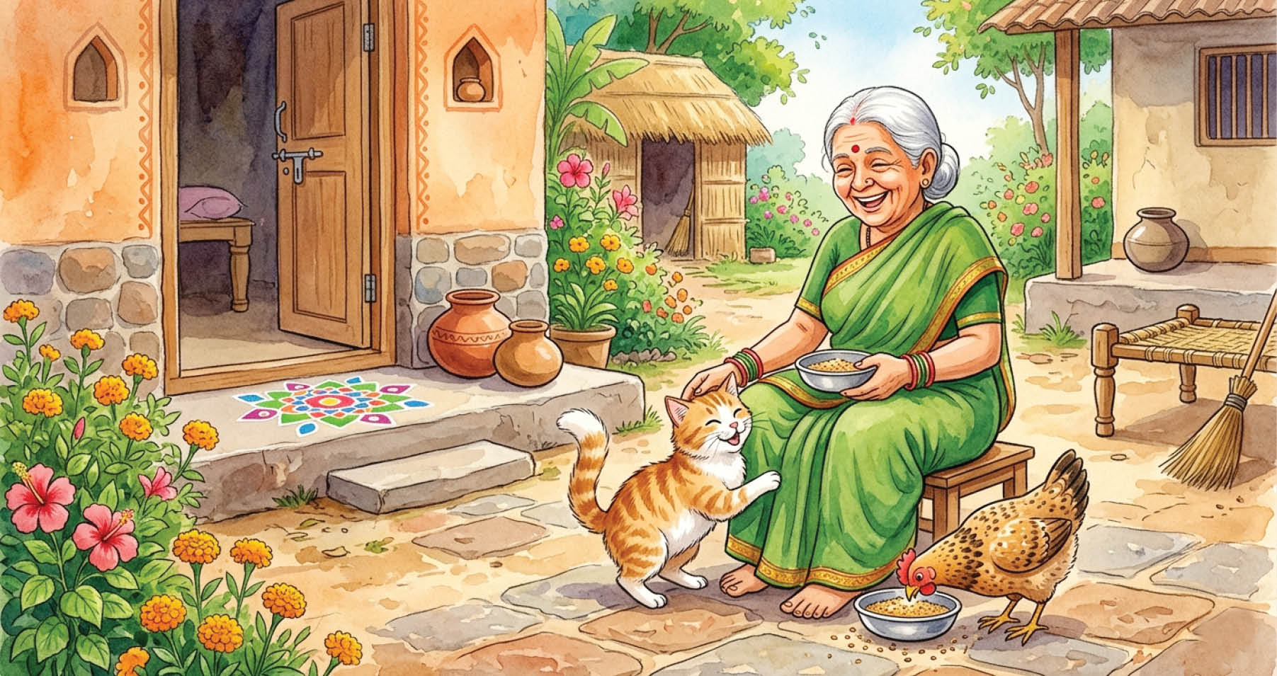 आजीचं मांजर आणि कोंबडी
